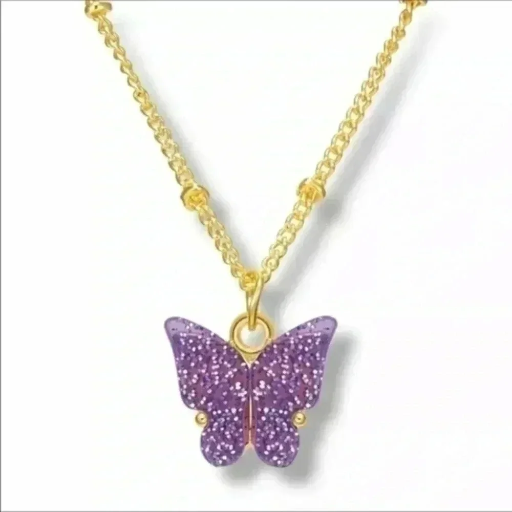 Purple or Blue Butterfly Gold Necklace NWT